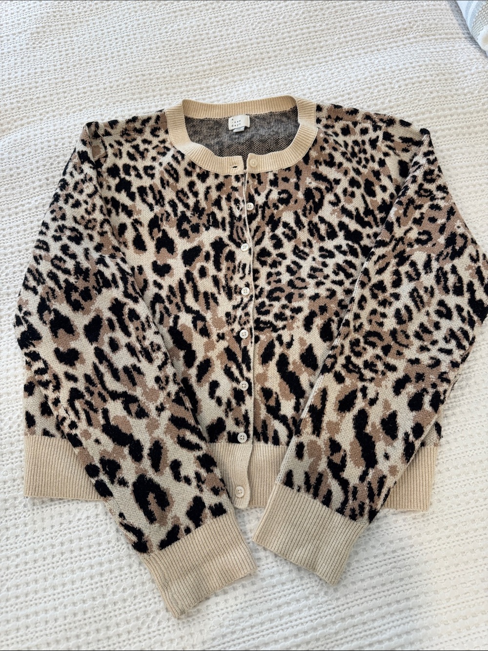 Cardigan- Leopard Print Button-Front Button- Beige/Black
